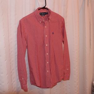 Red and White Checkered Polo Button Up Long Sleeve